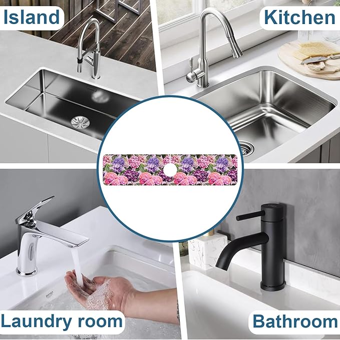 Colorful Hydrangea Kitchen Sink Splash Guard Faucet Mat Purple Pink Hydrangea Super Absorbent Fast Drying Mat Sink Splash Guard Behind Faucet for Kitchen Bathroom, 23.5"x5.5"