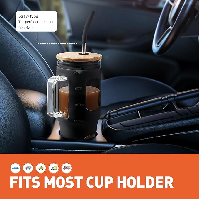 WINSA Glass Tumbler with Lid, 32 oz Glass Cup with Handle, Glass Water Bottles with Time Marker, 2 Straws - Pearl Straw & Silicone Protective Sleeve - Black
