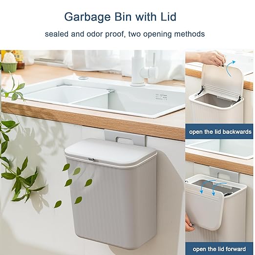 2.4 Gallon Kitchen Compost Bin for Counter Top or Under Sink, Hanging Small Kitchen Trash Can with Lid, Wall Mounted Waste Basket Bin Garbage Can for Bathroom (Grey)