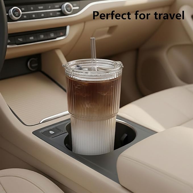 Ruckae 20oz Ribbed Glass Tumbler with Lids and Straws – 2 Pack Leak Proof Iced Coffee Cup– Aesthetic Glass Cups with Bamboo Lids for Home,Office,Travel and Gifts (2, Transparent)