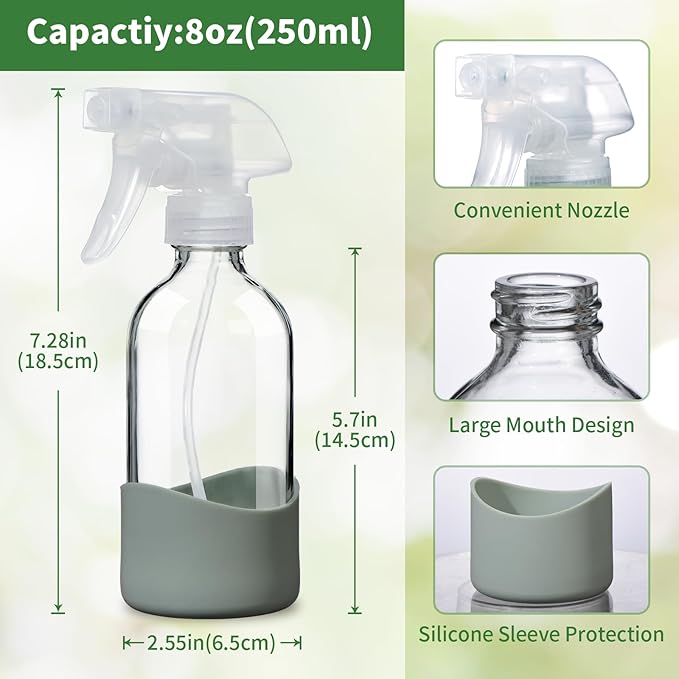 8oz Clear Glass Spray Bottles with Silicone Sleeve–Refillable Spray Bottles for Cleaning Solutions,Hair,Plants&Essential Oils–Leakproof,Adjustable Nozzle,Reusable,Eco-Friendly (1 Pack)