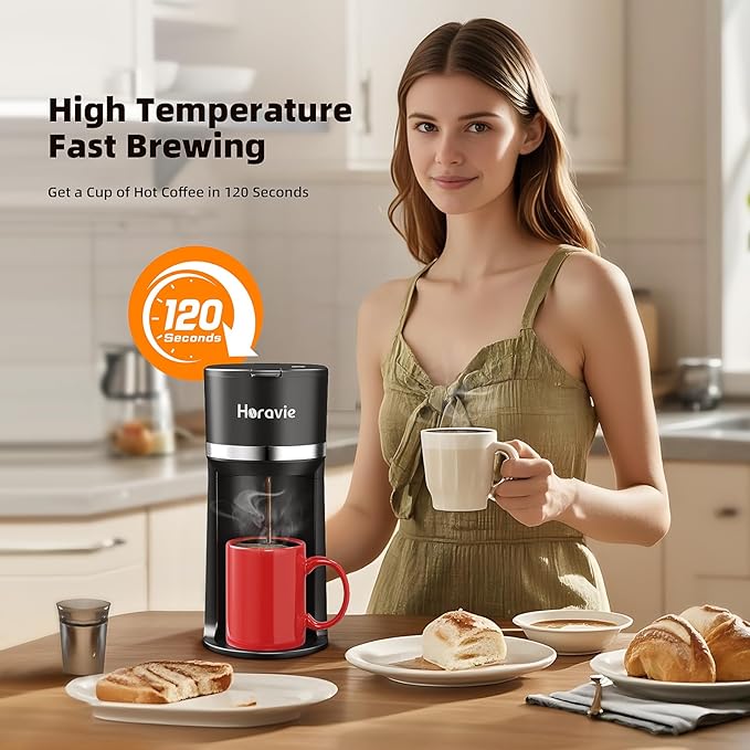Horavie Small Single Serve Coffee Maker for K Cup and Grounds, Fast Brew One Cup Coffee Machine with One Button, 6 to 12 oz. Brew Sizes, Perfect for Home and Travel, Black