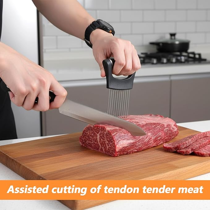 Large Onion Slice Holder Stainless Steel Onion Chopper Vegetable Cutter, Multi-use Kitchen Slicer Tool with 10 Long Needles, Food Slicing Assistant for Meat, Tomato, Potato, Lemon