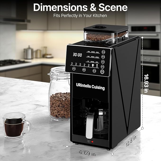 URintells Cuising Coffee Maker with Grinder, 22OZ Drip Coffee Maker with Glass Carafe and Removable Filter, Programmable Hot and Cold Bean to Cup Coffee Machine with Timer, Auto Shut Off