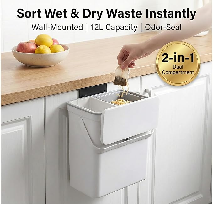 3.2 Galoon Kitchen Compost Bin with lid | Odorless Hanging Trash Can with Sliding Lid for Dry & Wet Waste – 12 L Wall-Mounted Garbage Can for Kitchen Cabinet. Under Sink Trash can for Office.