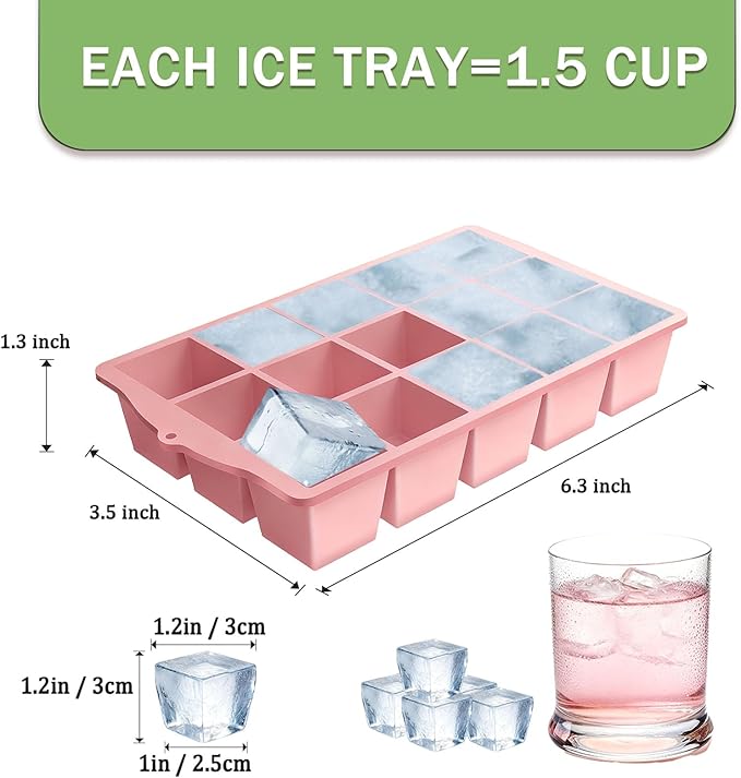 Ice Cube Trays for Freezer, 2 Pack Easy Release Slicone Ice Cube Tray with Lid, BPA Free Stackable Flexible Ice Molds 15 Square Reusable Ice Cubes for Whiskey, Baby Food, Iced Coffee (Pink)