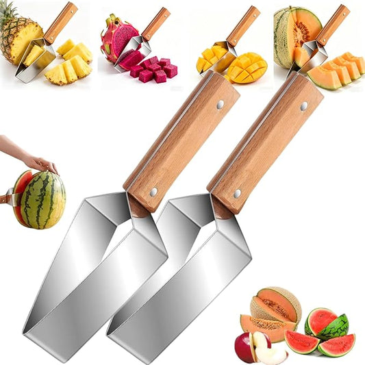 Stainless Steel Watermelon Slicer, Triangle Watermelon Cutter, Stainless Steel Melon Slicer with Wooden Handle, Fruit Divider Tool for Summer Picnic BBQ, Easy Kitchen Gadget for Cantaloupe (2 PCS)