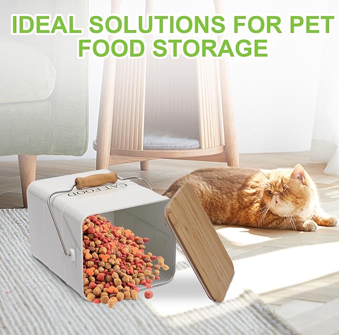 Cat Food storage container Cat Treats Jar,5~6 lb Metal food treats tin for Cat, pet snacks Canisters with wooden lid/handle/sevice scoop-White