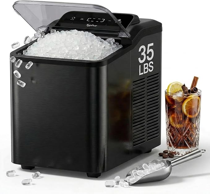Typhur Fast Nugget Ice Maker, Chewable Pebble Ice Machine Countertop with Self-Cleaning Pump & 8-Pack Cleaners, 35lbs/24H Crushed Ice for Kitchen, Bar, RV, Outdoor (Black Stainless Steel)