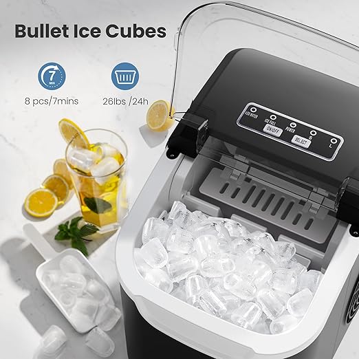Crzoe Ice Makers Countertop with Handle, 2 Sizes of Ice, 8 Bullet Ice Cubes in 6 Mins, 26Lbs/24H, Portable Ice Maker with Self-Cleaning, Ice Machine for Home&Kitchen&Office&Party (Black)