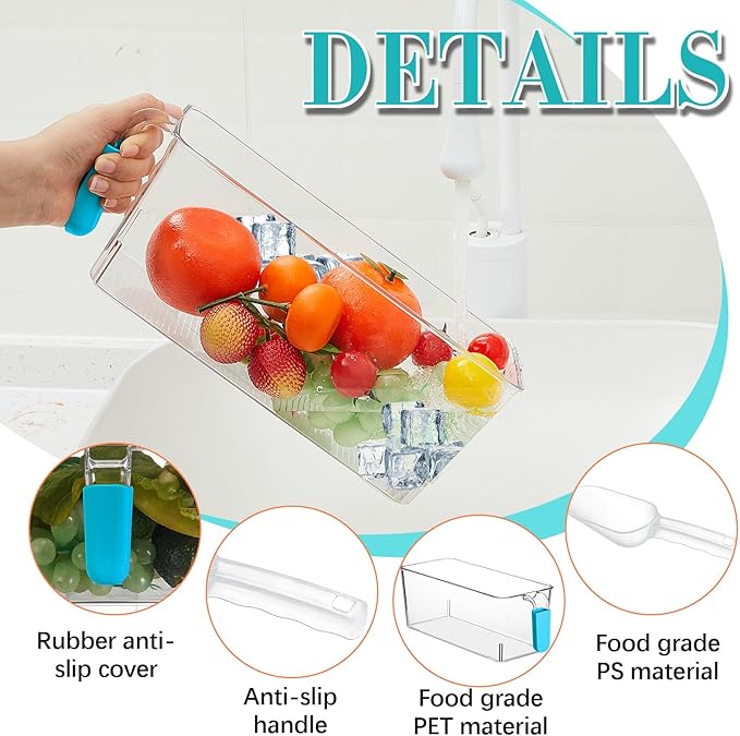 Havawish Ice Storage Bin and Flexible Scoop Set Plastic Freezer Bin with Pull out Handle Storage Bucket Clear for Container with Scoop(Light Blue,10.83 x 4.92 x 4.33 in,Classic)