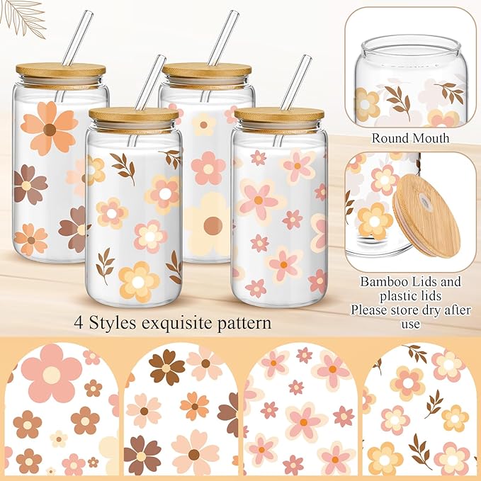 Mumufy 4 Pack Bridesmaid Glass Tumbler Gifts Cute Boho Floral 16oz Iced Coffee Cups with Bamboo Lids and Straws Elegant Bridal Party Proposal and Wedding Shower Gifts