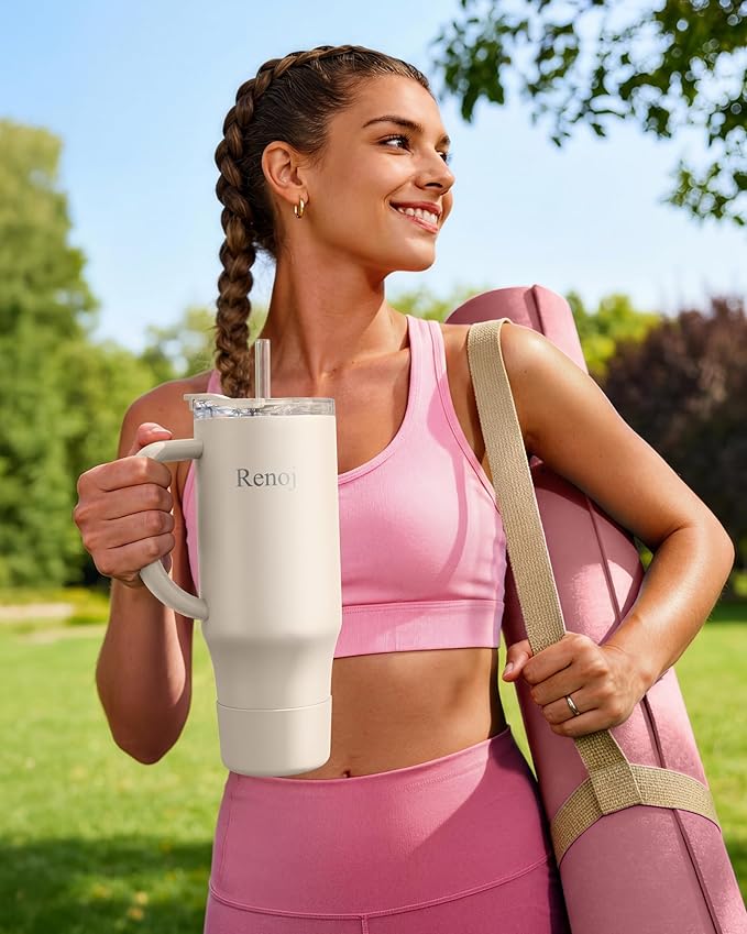 Renoj Insulated Mug 100% Leak Proof Insulated Water Bottle for Iced Coffee & Hot Drinks - Fits Car Cup Holder, Ideal Gift, 2 Straws & Silicone Boot - SnapShift White 40 oz