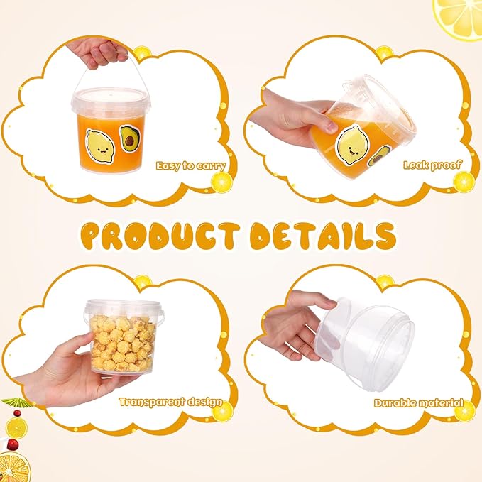 30 Pcs Drink Buckets with Lids and Straws for Parties 15x 23oz + 15x 32oz Cocktails Buckets Reusable Clear Plastic Food Containers with 50 Pcs Summer Stickers