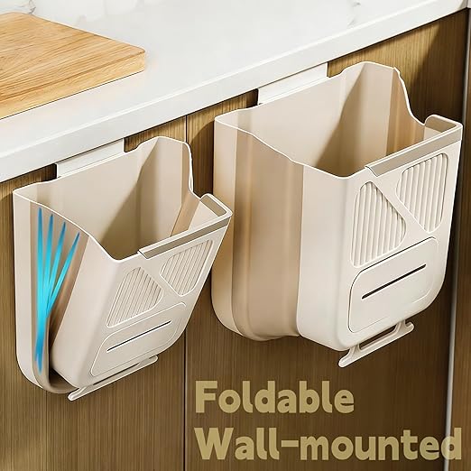 Folding Hanging Kitchen Waste Trash Can, Collapsible Space-Saving Foldable Hanging Garbage Bin for Cabinet Door, Kitchen, Bathroom, RV and Office (Grayish White,7L)