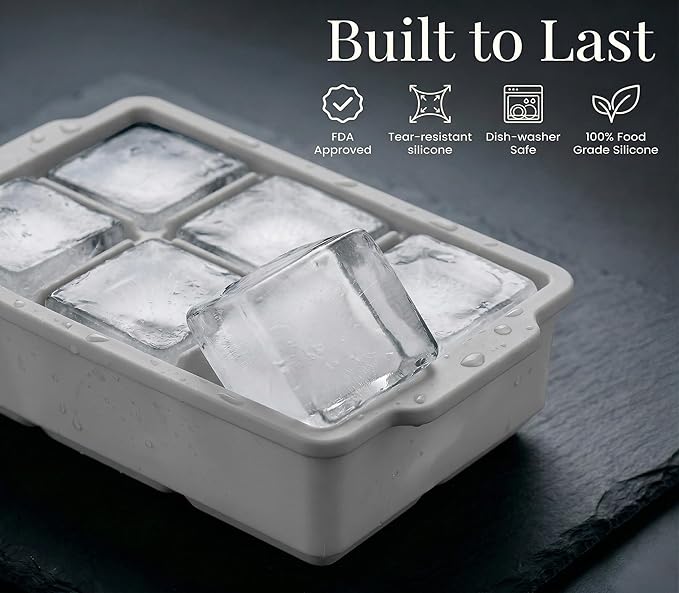 KitchFort Large Silicone Ice Cube Tray (2-Pack), Easy Release 2" Big Ice Cubes - Cocktail, Whiskey Ice Cubes Mold - Ice Trays for Freezer with Lid - Stackable Silicone Ice Tray - Gray