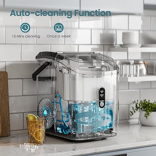 Antarctic Star Nugget Ice Maker Countertop, Chewable Pellet Ice Machine with Self Cleaning Function, Pebble Portable Ice Maker with Ice Scoop for Home Kitchen Office (Black)