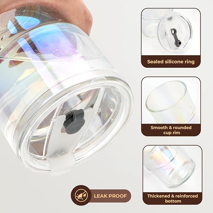 Zukro 13 oz Glass Iced Coffee Cups with Lid and Straw, Leak Proof Glass Tumbler for Ice Tea, Water, Non-Slip Silicone Bottom, Thick Wall Drinking Glasses for Home/Office, BPA Free, Shrimmer 2 Pack