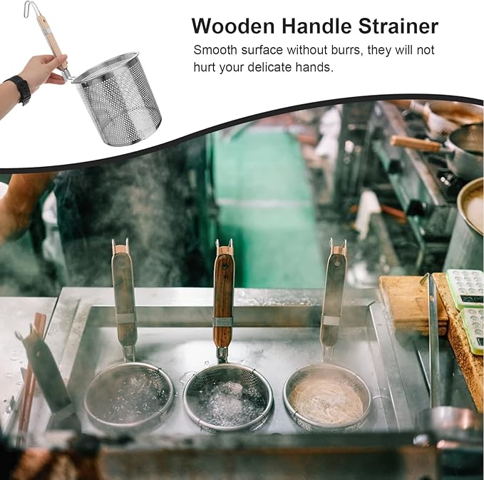 STOBAZA Noodles Strainer Colander Fry Basket Ramen Pasta Basket Stainless Steel Mesh Spider Strainer with Wooden Handle, Fine Mesh Skimmer for Rinsing Straining Boiling Frying