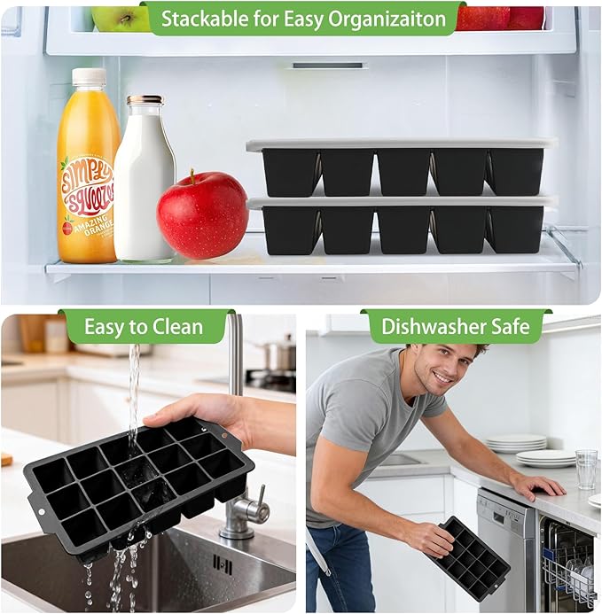 Silicone Ice Cube Tray with Locks Lids, Easy Release Flexible 15 Square Ice Trays for Freezer, Stackable & Reusable Ice Cube Mold for Whiskey, Cocktails, Baby Food, BPA Free, 2 Pack (Black)