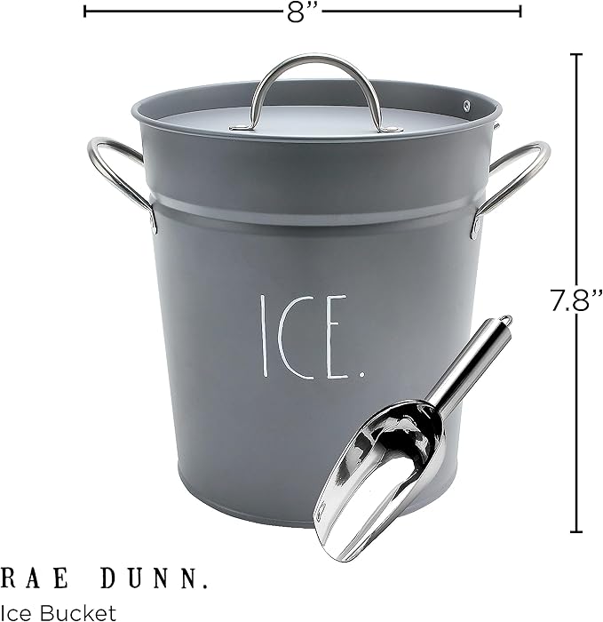 Rae Dunn Ice Bucket with Scoop - Stainless Steel Bucket with Handle, Lid and Ice Scooper - 4 Qt. Storage Bin for Ice Cubes for Bars, Parties, Backyard Barbeques, Picnics, and Camping (Grey)
