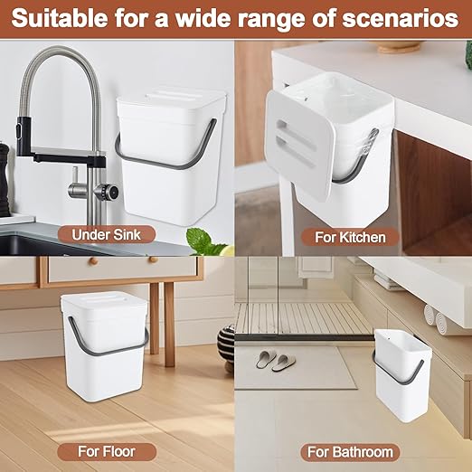 0.8 Gallon/3L Kitchen Compost Bin, Suitable for Countertops or Under Sink, Hanging Hook Trash Can with Lid, Ideal for Cabinets/Bathrooms/Bedrooms/Offices/Camping (White)