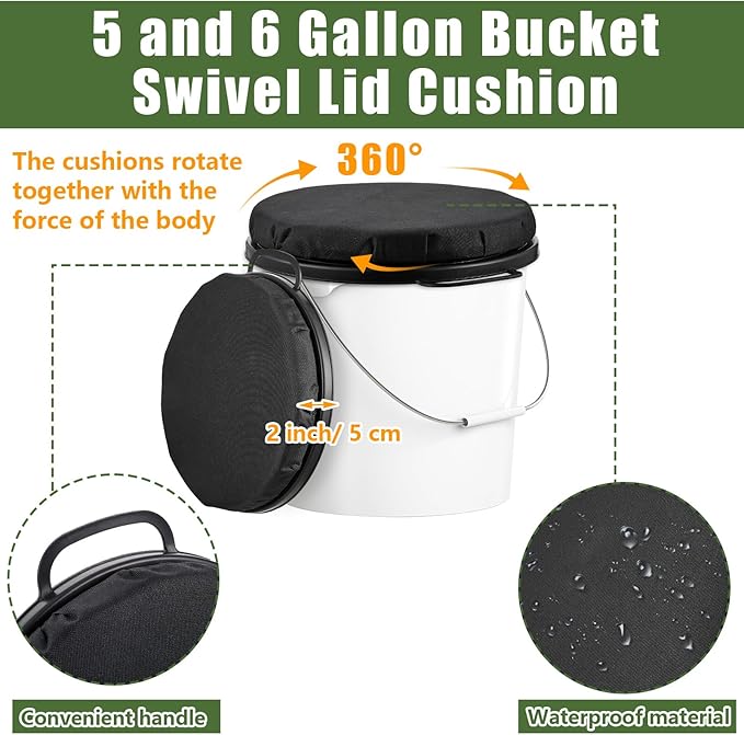 Lewtemi 2 Pcs 5 Gallon Bucket Seat 360 Degree Swivel Lid with 2" Thick Black Padded Cushion Lid with Waterproof Cover, Ideal for Winter Ice Fishing, Waterfowl Hunting, Camping and Outdoor Activities