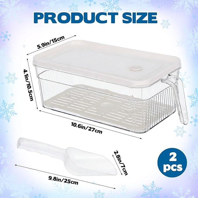 CIEOVO 2 Set Ice Bin for Freezer with Lid and 2 Scoop Set Plastic Freezer Ice Bin with Pull-Out Handle Clear Storage Bucket Kitchen Food Storage Organizer for Home Office Fridge Kitchen