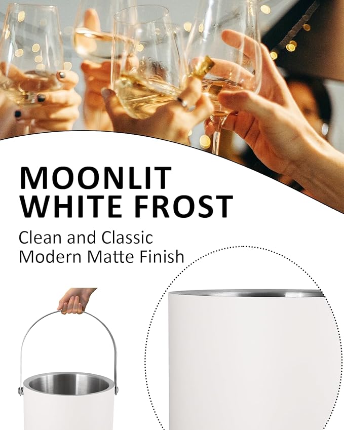 Bakpoco Insulated Ice Bucket with Silicone Lid, Scoop, Tongs & Strainer, 3L Stainless Steel Double Wall Ice Buckets for Parties & Cocktail Bar, Champagne Ice Bucket with Lid for Freezer, Ivory