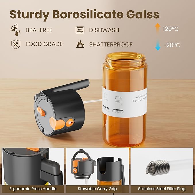 LAKUMIQI 2 in 1 Oil Sprayer for Cooking, 17oz Light-Blocking Glass Spray Bottle with Stickers, Oil Dispenser for Salad, Air Fryer & BBQ