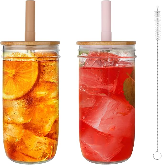 Glass Tumbler with Lids and Straws 2 Pack, 24oz Glass Drinking Jars with Lids and Straws,Reusable Wide Mouth Mason Jar Iced Coffee Cup,Smoothie Cup Coffee Travel Mug for Car/Home