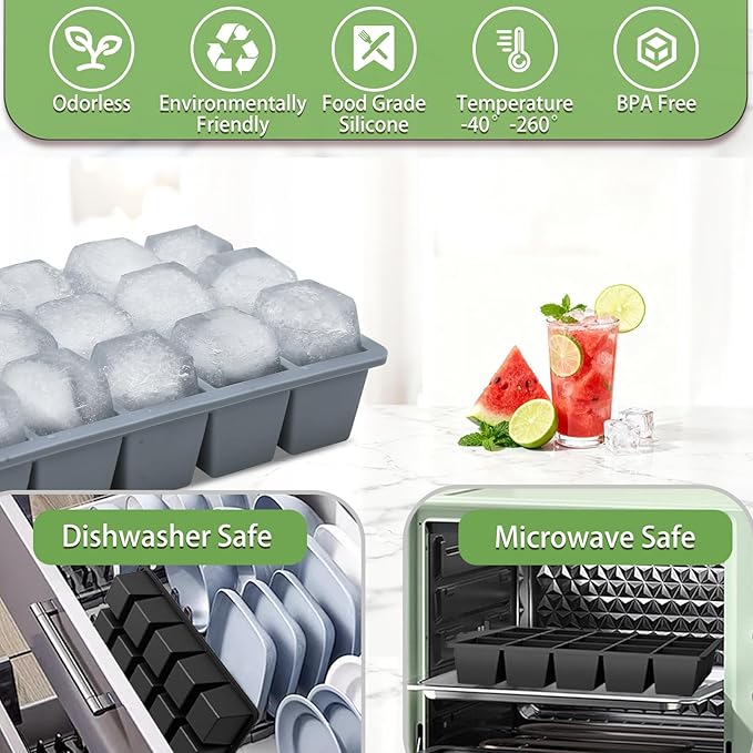 Ice Cube Trays for Freezer, 2 Pack Easy Release Slicone Ice Cube Tray with Lid, BPA Free Stackable Flexible Ice Molds 15 Square Reusable Ice Cubes for Whiskey, Baby Food, Iced Coffee (Grey)