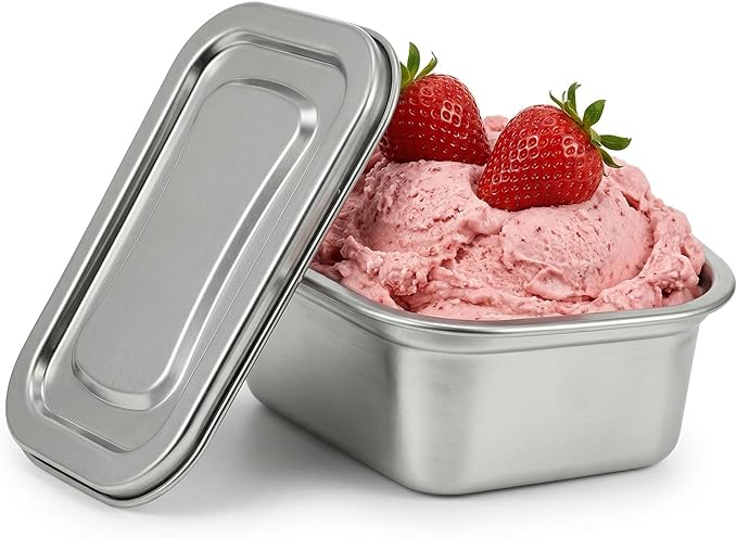 Hemoton Reusable Ice Cream Storage Containers with Lids Stainless Steel Food Keeper Freezer Box Insulated Ice Cream Tub for Refrigerator Home Made Ice Cream, 0.76 Quart Airtight Box for Frozen Yogurt