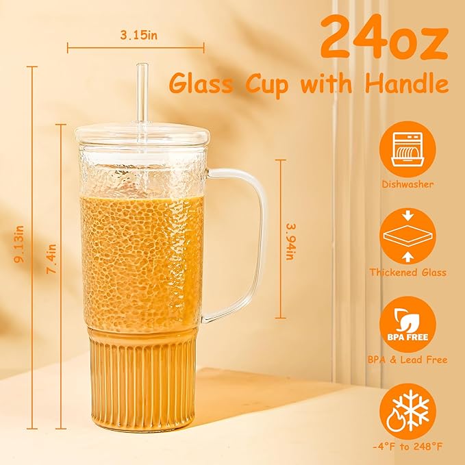 JunVpic Glass Cups with Lids and Straws,24oz Glass Tumbler with Handle Iced Coffee Cup for Coffee,Juice,Tea,Milk,Smoothie,Hot & Cold Drinks (Clear)