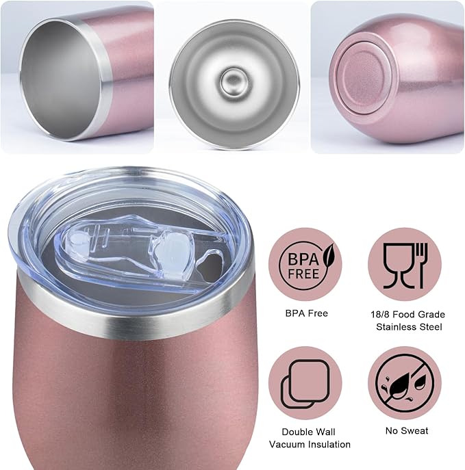 MEZMUT 12 Oz Insulated Wine Tumbler with Lid Double Wall Vacuum Stainless Steel Wine Glass Coffee Mug Insulated Tumbler Cup for Champaign, Cocktail, Beer (Rose Gold, 6 Pack)