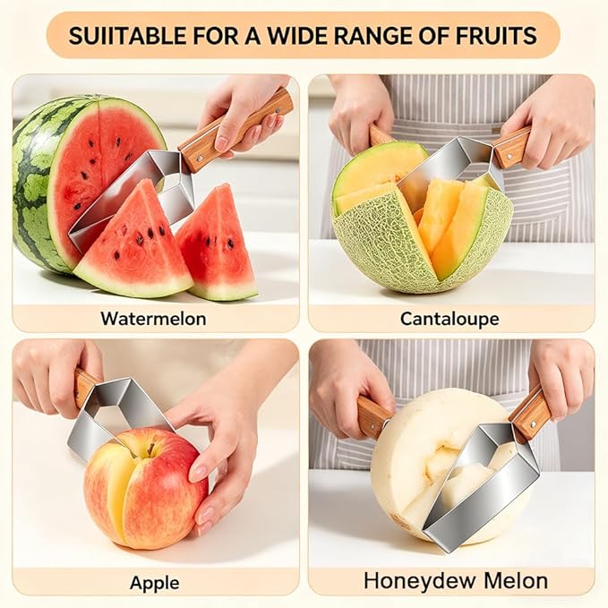 Triangle Watermelon Cutter, 2026 Upgraded 304 Stainless Steel Watermelon Slicer with Wooden Handle - Melon Slicer, Fruit Cutter for Kitchen Gadgets (2 Pcs)