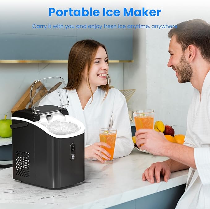 Antarctic Star Nugget Ice Makers Countertop with Self-Cleaning, 35lbs/24Hrs, Portable Crushed Ice Machine with Handle/Basket/Scoop for Home, Kitchen, Office, Camping(Black)
