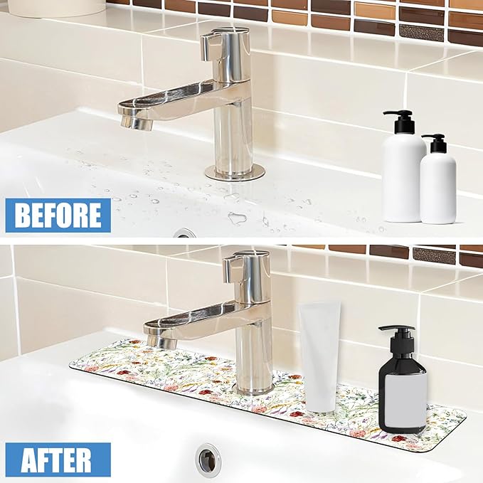 Sink Faucet Absorbing Mat Wildflower Sink Splash Guard Drying Mat for Kitchen Bathroom Faucet Sinkmat 23.5"X5.5"