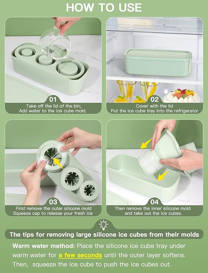 Ice Cube Tray for Tumbler Cup 30Oz-40Oz, 3 Pcs Silicone Cylinder Ice Mold with Lid and Bin for Freezer, Easy Fill and Release Ice Maker for Whiskey, Cocktail BPA-Free (Green, 30Oz-Type1)