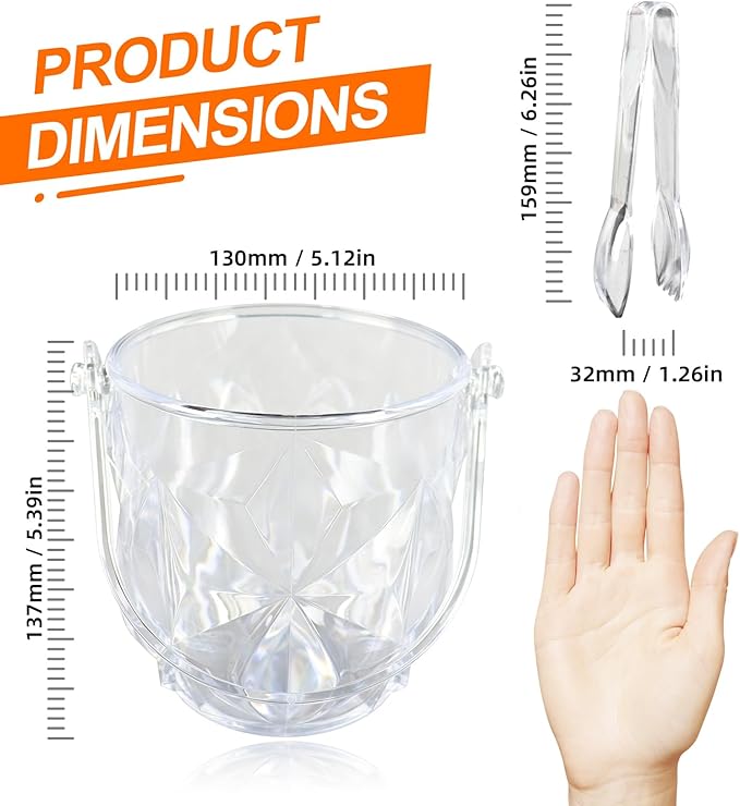 Crystal Ice Bucket with Handle & Tongs-1.1 L Plastic Clear Champagne Ice Buckets for Parties, Beer, Wine, Drinks, Cocktails,-Soda, Mimosa Bar Supplies (Style-D, 37 oz (1.1 L))
