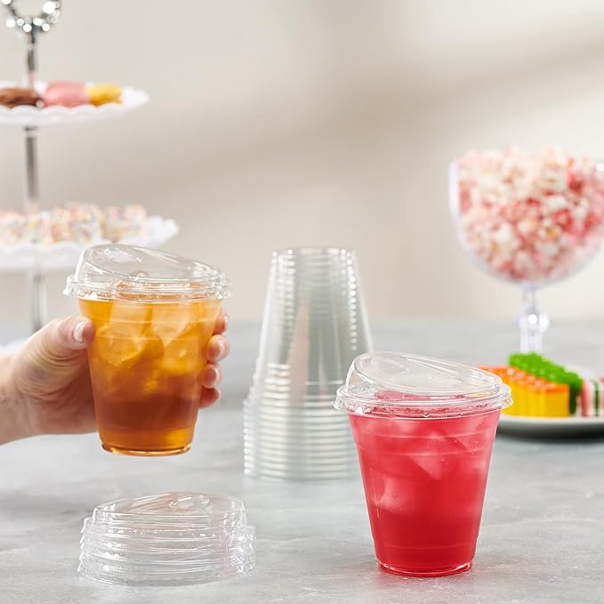 GUSTO Clear Plastic Cups with Lids [12 oz - 100 Count] - Disposable Iced Coffee Drink Cups with Strawless Sip Lids for Smoothies, Juices, and More - (Formerly Comfy Package)