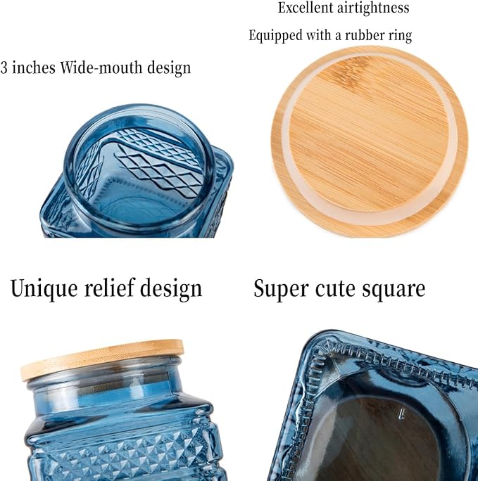 Glass Storage Canister with Airtight Lids, 20.3 FL OZ Thick Glass Candy Jar for Coffee Bean, Cocoa powder,Dog treats, Snacks Vintage Decorative Square Glass Jars for Coffee Bar Kitchen Party Counter