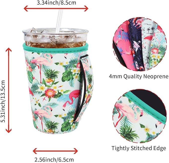 4Pack Reusable Iced Coffee Sleeve Insulator Sleeves for Cold Drinks Beverages, Neoprene Cup Holder for Most Coffee, Fits 22-24oz Medium Cups (Flamingo)