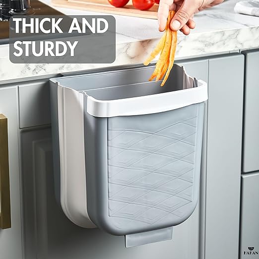 Hakan Hanging Foldable Trash Can for Kitchen Cabinet Door | Collapsible Narrow Waste Bin | Compact Travel Trash Can | Space Saving 6 L Plastic Garbage Bin Under Sink | 1.5 Gallon Waste Basket, Gray