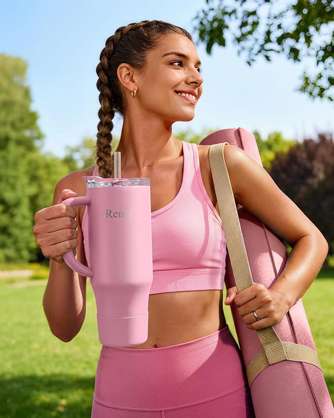 Renoj Insulated Mug 100% Leak Proof Insulated Water Bottle for Iced Coffee & Hot Drinks - Fits Car Cup Holder, Ideal Gift, 2 Straws & Silicone Boot - SnapShift Green Gradient 40 oz