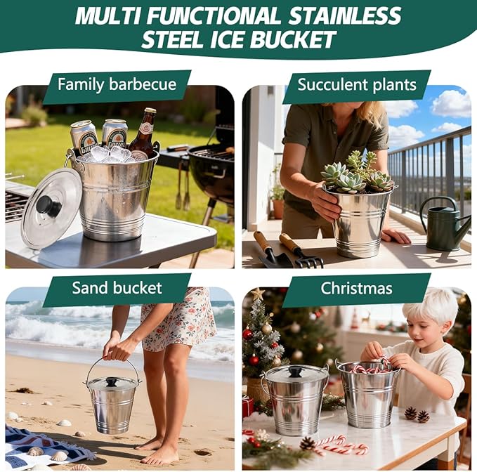 OBTANIM 3 Pack 4L Stainless Steel Metal Ice Buckets Champagne Drink Cooler Storage Ice Pails with Handle and Lid for Party Favors Organizing Home Parties Bar Cooling Supplies