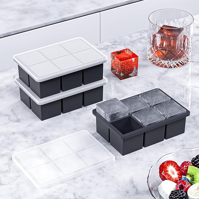 Large Ice Cube Tray for Whiskey, HANCELANT Big Silicone Square Ice Cube Mold with Removable Lid, 2'' Huge Square Ice Cubed Tray for Whisky and Cocktail, Black