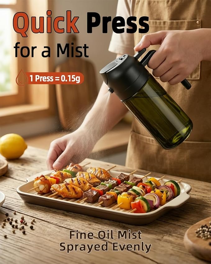 16oz/470ml Oil Sprayer for Cooking, 2 in 1 Oil Dispenser for Kitchen, Olive Oil Sprayer, Food Grade Glass Bottle for Kitchen Gadgets, Air Fryer Accessories, Salad, BBQ (Black)