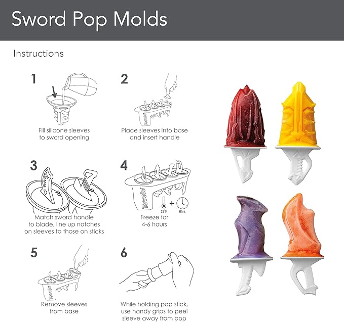 Tovolo Frozen Ice Sword Popsicle Mold Set of 4 BPA Free Silicone Pop Maker Mold for Kids, Dishwasher Safe Sword Popsicle Molds with Reusable Sticks for Summer Treats, Fun Frozen Treat Pop Maker