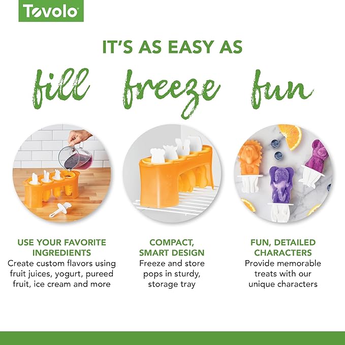 Tovolo Animal Popsicle Molds Zoo Crew Set of 4 Reusable Popsicle Molds with Sticks Bear Lion Monkey Elephant, BPA Free Silicone Pop Maker for Kids, Dishwasher Safe Animal Ice Molds for Frozen Treats